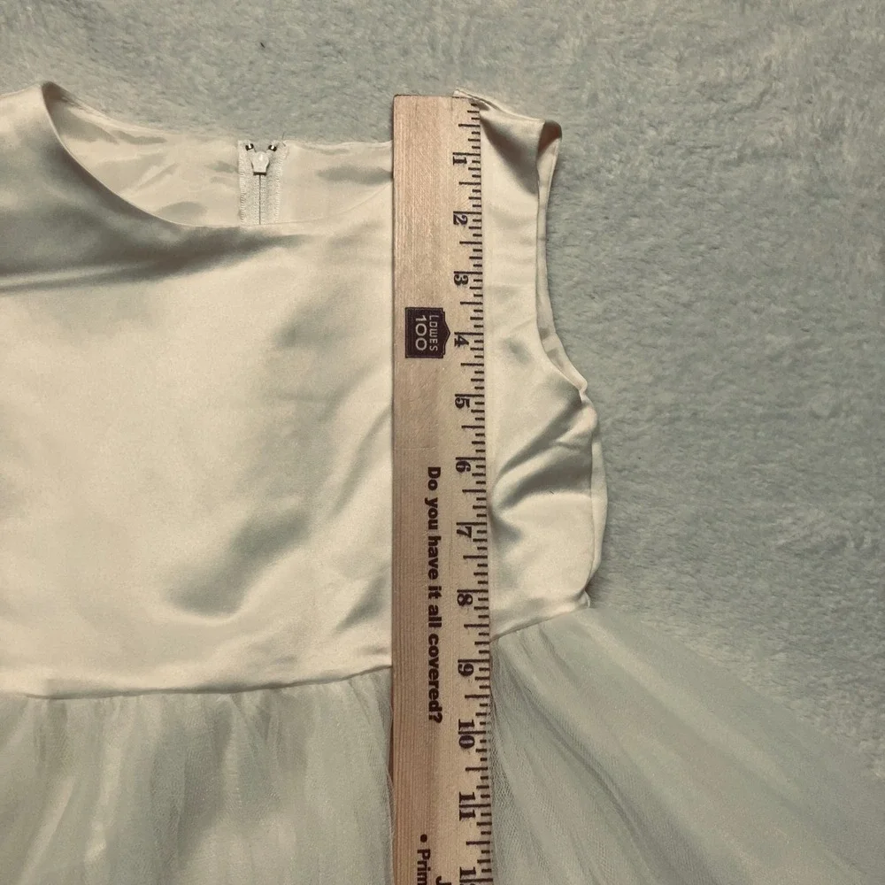 Girls White Satin Tulle Dress SZ 4 Blue Petals Sleeveless Zip Flower Girl Party - Picture 8 of 11